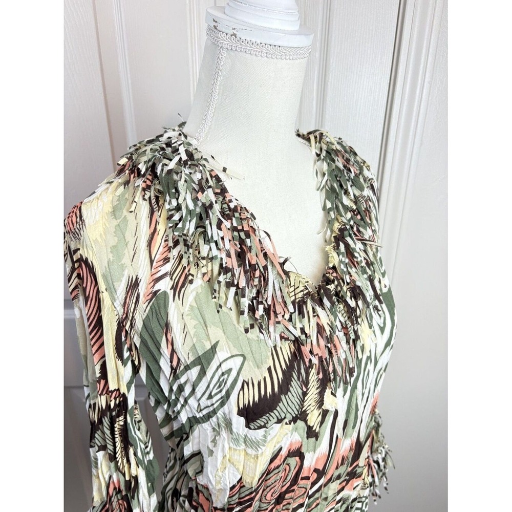 Dressbarn Blouse Womens Large Green Abstract Fringe Boho Top - Picture 7 of 8